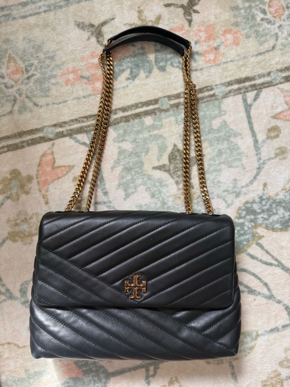 Tory Burch Black Quilted Leather Shoulder Bag with Gold Hardware